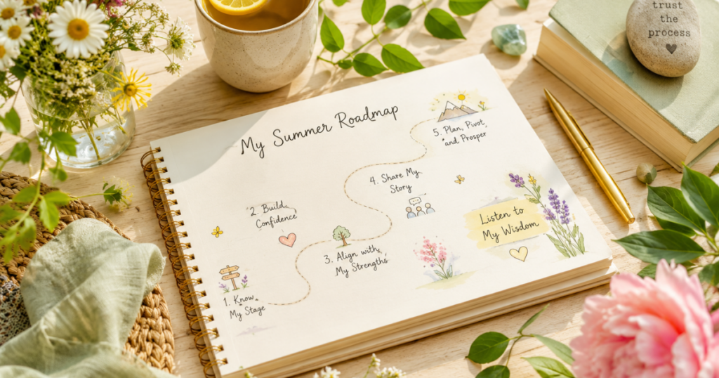 Open notebook with a hand-drawn summer business roadmap surrounded by flowers, greenery, tea, and natural elements, symbolizing intentional growth and sustainable success.
