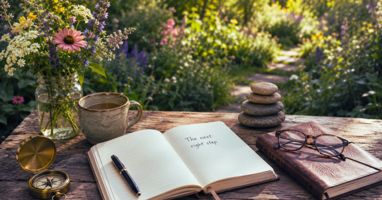 Open journal on a rustic garden table with a compass, coffee, flowers, and the handwritten words "The next right step," symbolizing the practical magic of building a coaching business one stage at a time.