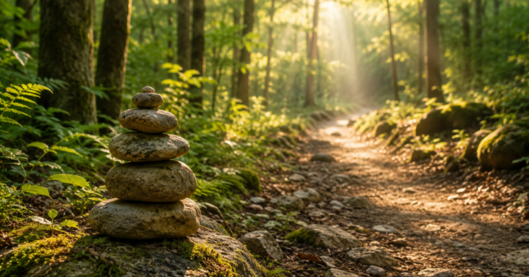 A small cairn of stacked stones rests beside a sunlit forest path, symbolizing the steady confidence and growth that come from taking one step at a time.