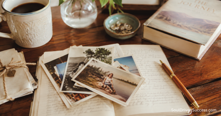Vintage photographs, handwritten journal, letters, and coffee arranged on a wooden table, representing the personal stories and life experiences that shape a coach’s journey.