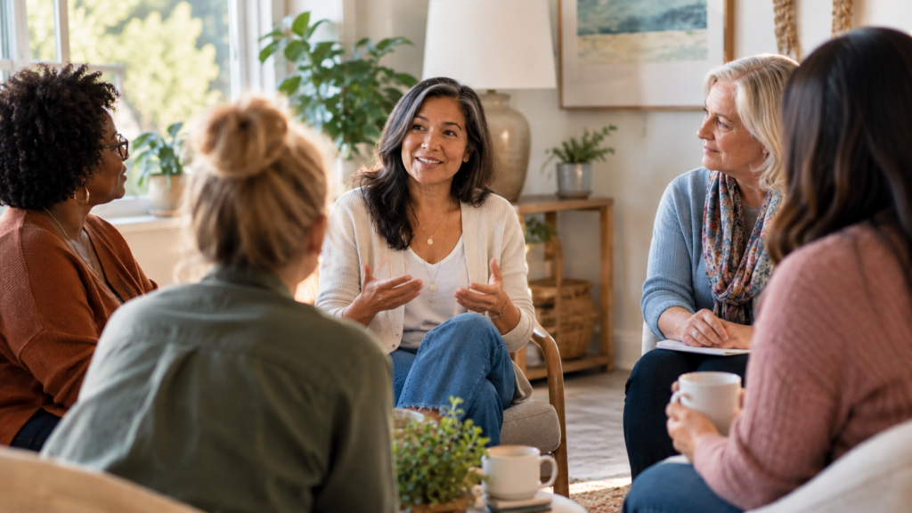 A diverse group of women gathered in a comfortable, sunlit room, sharing ideas and supporting one another during a group coaching session.